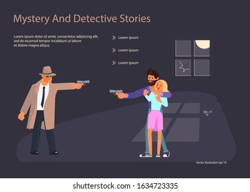 Landing web page template with Private investigator takes aim with handgun at a criminal man taking girl hostage.  Flat Art Vector illustration