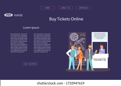 Landing Web Page Template With Queue People Buy Cinema Tickets At Service Movie Ticket Counter Theater. Flat Art Vector Illustration