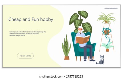 Landing web page template for reading books hobby. Elderly man sits in chair and reads a book between home flowers. Crazy plant senior and Urban jungle concept. Flat Art Vector Illustration