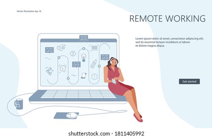 Landing webpage Vorlage für Remote-Arbeitskonzept. Frau mit geöffnetem Laptop. Notebook-Computersymbol, Logo für tragbare Arbeitsplätze einzeln. Flache Kunstvektorgrafik