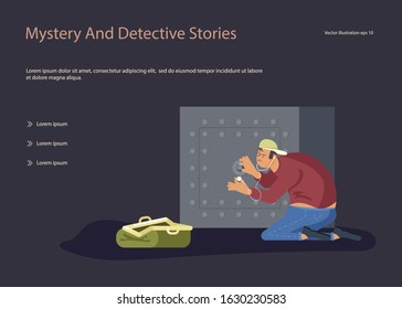 Landing web page template with Robber tries to crack a safe using a phonendoscope, next to an open bag for looted money. Flat Art Vector illustration