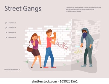Landing web page template with A robber with bloody knife is threatening to a young couple on the street. Frightened character guy protects his girlfriend from a bandit. Flat Art Vector Illustration