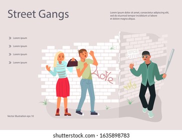 Landing web page template with A robber with baseball bat is threatening to a young couple on the street. Frightened character guy protects his girlfriend from a bandit. Flat Art Vector Illustration