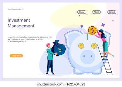 Landing web page template with Saving or accumulating money concept. Team of young businessmen and large piggy bank in the form of a piglet. Flat Art Vector illustration
