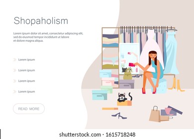 Landing web page template with Shopping addiction concept. Young Woman is sitting among a lot of clothes and accessories. Shopaholic girl with credit card at dressing room Flat Art Vector illustration