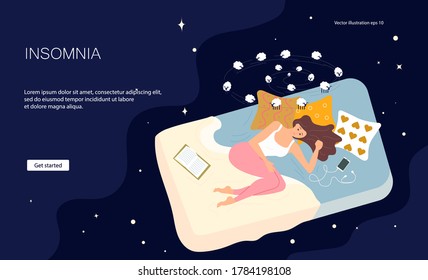 Landing web page template of Sleeping control. Young woman character is lying in bed with insomnia. Female Insomniac is counting sheeps concept. Flat Art Vector illustration