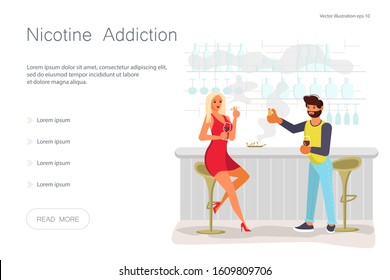 Landing web page template with Smoke addiction concept. Pretty blond girl with long hair is smoking in the bar. Man brings her cigarette lighter. Flat Art Vector illustration