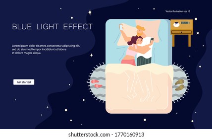 Landing web page template with Social media addiction. Family Couple of man and woman are lying in the bed, hugging each other and surfing internet on their smartphones. Flat Art Vector Illustration