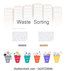 Landing web page template with Sorting Garbage concept. Different collection containers for Waste Recycling. Environmental protection, ecology, earth day. Flat Art Vector illustration