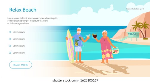 Landing web page template with Summer beach landscape background. Holidays and vacations banner with Senior age couple family people on vacation. Flat Art Vector illustration. 