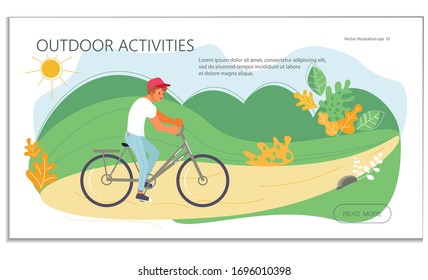 Landing web page template with Summer outdoor activity cycling. Сouple in love together on a bicycle. Flat Art Vector Illustration