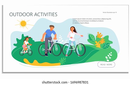 Landing web page template with Summer outdoor activity cycling. Family together on a bicycle. Flat Art Vector Illustration