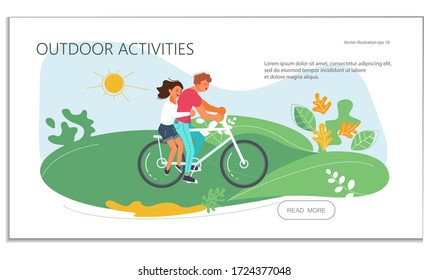 Landing web page template with Summer outdoor activity cycling. ouple in love together on a bicycle. Flat Art Vector Illustration
