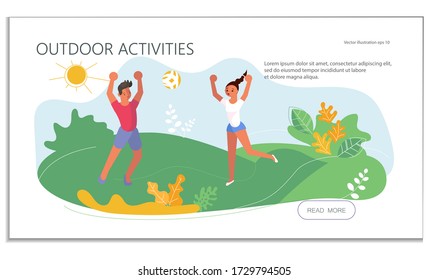 Landing web page template with Summer outdoor activity volleyball. People playing volleyball on the lawn. Sports competition. Flat Art Vector Illustration