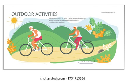 Landing web page template with Summer outdoor activity cycling. Couple of seniors on bicycles. Flat Art Vector Illustration