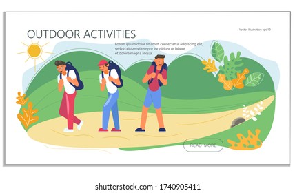 Landing web page template with Summer outdoor activity hiking. People with backpack  go to camping. Group of friends traveling together. Flat Art Vector Illustration