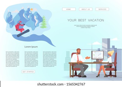 Landing web page template with Tour operator offers package tours. Young man dreams about ski resort and choose voyage in travel office. Flat Art Vector illustration