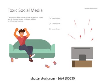 Plantilla de página web con sobrecarga de medios sociales tóxicos e información digital. El joven está enojado y grita de rabia mientras ve las noticias en televisión. Ilustración de vectores de arte plano