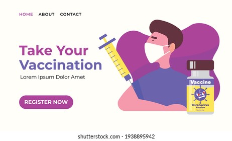 Landing web page template of Vaccination Registration. Modern flat design web banner of patient take vaccine injection and vaccine bottle vector illustration