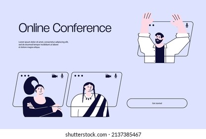 Landing web page template of virtual conference on video call. Different people having online meeting at their home. Vector flat illustration