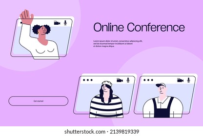 Landing web page template of virtual conference on video call. Different people having online meeting at their home. Vector flat illustration