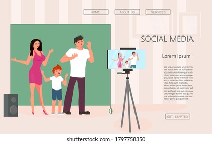 Landing web page template of Vlogging. Family vloggers or influencers, recording new video content for lsocial media networking. Happy family creates live blog. Flat Art Vector illustration