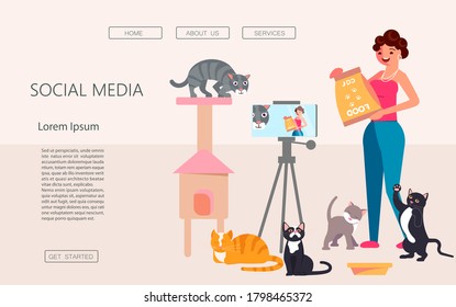 Landing web page template of Vlogging. Female vloggers or influencers, recording new video content for social media networking. Freelancer creates pets care blog. Flat Art Vector illustration