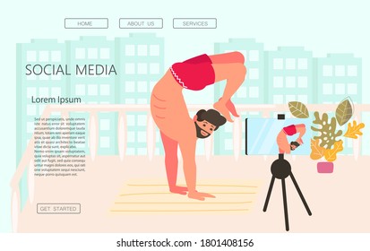 Plantilla de página web de aterrizaje de Vlogging. Muchos bloggers están filmando contenido de video para el concepto de transmisión en vivo. Autor independiente crea un blog de yoga. Ilustración de Vector de arte plano