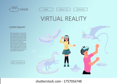 Landing web page template for VR technology. People character in virtual reality for education and games.. Man and woman in vr glasses interact with dinosaurs. Flat Art Vector illustration