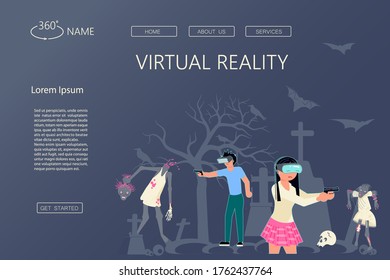 Landing web page template VR technology. People character in virtual reality for education and games. Man and woman in vr glasses fighting zombies. Flat Art Vector illustration