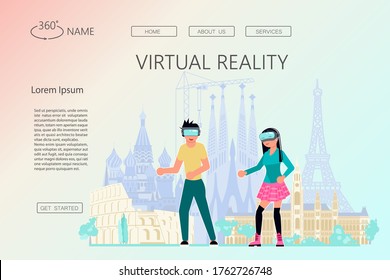 Landing Web page template VR Technology. Personajes de personas en realidad virtual para educación y juegos. Hombre y mujer con lentes vr viajan por Europa. Ilustración de Vector de arte plano