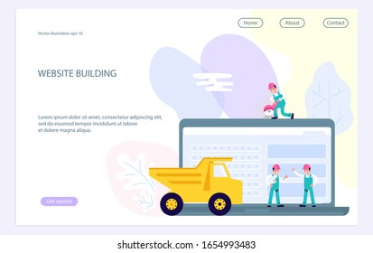 Landing web page template with website development, under construction, webpage building process, site form layout and interface develop. Flat Art Vector Illustration