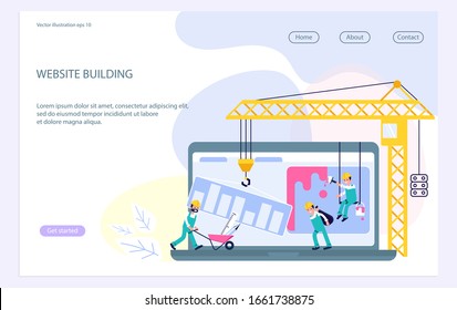 Landing webpage Template mit Website-Entwicklung, im Aufbau, Webseitenbau Prozess, Website-Form Layout und Schnittstelle Entwicklung. Illustration zur Vektorillustration von Flachkunst