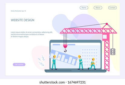 Landing web page template with website development, under construction, webpage building process, site form layout and interface develop. Flat Art Vector Illustration