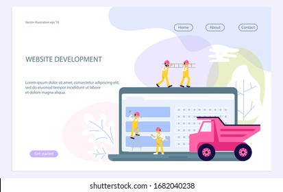 Landing web page template with website development, under construction, webpage building process, site form layout and interface develop. Flat Art Vector Illustration