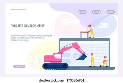 Landing web page template with website development, under construction, webpage building process, site form layout and interface develop. Flat Art Vector Illustration