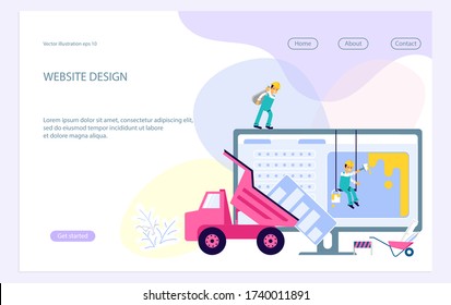 Landing web page template with website development, under construction, webpage building process, site form layout and interface develop. Flat Art Vector Illustration