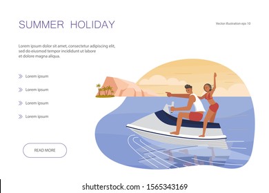 Landing web page template wiw Tropical Dream scene. People on summer vacation concept. A young man and woman race to a beautiful island in the sea on aquabike. Flat Art Vector illustration.