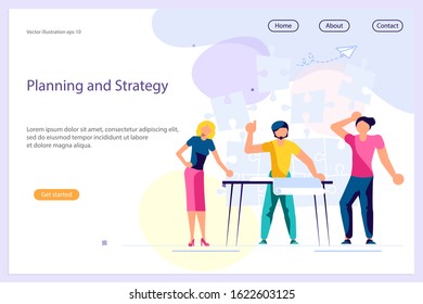 Landing web page template with Workflow management concept. Team of young businessmen have a business meeting and brainstorming. Flat Art Vector illustration