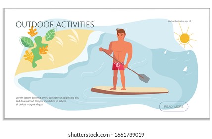 Landing web page template with Young man have summer vacation on sea. Stand Up Paddle Surfing concept. Flat Art Vector Illustration