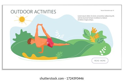 Landing web page template with Young man on the meadow in yoga pose. Metaphor of freedom and harmony with nature. Flat Art Vector Illustration