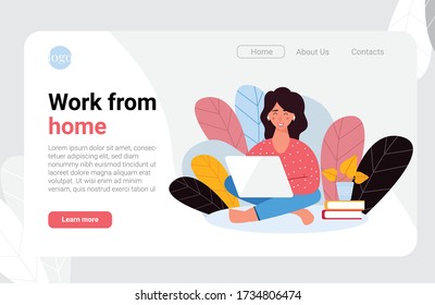 Landing web page template with young freelancer woman working on her laptop from home. Online job, home office, E-learning .  Homepage layout design.  Flat style vector illustration. 