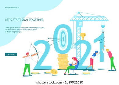 Landing webpage template of 2021. Business people build new year concept. Isolated on white. Flat Art Vector Illustration