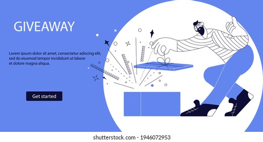 Landing webpage plantilla de publicidad de regalo y regalo para promoción en redes sociales. Ganador con sorpresa de regalo sobre fondo azul. Ilustración de vectores de arte plano.