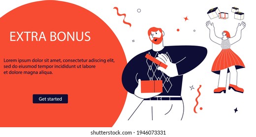 Landing webpage template of advertising of giving present and Giveaway for promo in social network. Winners with gifts surprise on red background. Flat Art Vector Illustration.