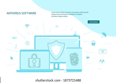 Plantilla de página web de lanzamiento del software Antivirus, protección de datos y ciberseguridad. Programa de privacidad del sistema de protección digital contra el hackeo, los delitos en la web y los ataques con virus Ilustración vectorial