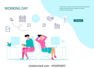 Landing webpage template of business characters working in office. Colleagues or clerks at workplace. Flat Art Vector illustration.