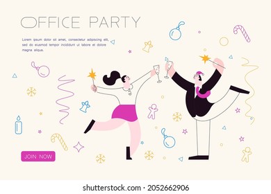 Landing webpage template of Christmas office party. Colleague people congratulate, give gifts to each other and drink champagne isolated on white. Flat Art Vector Illustration