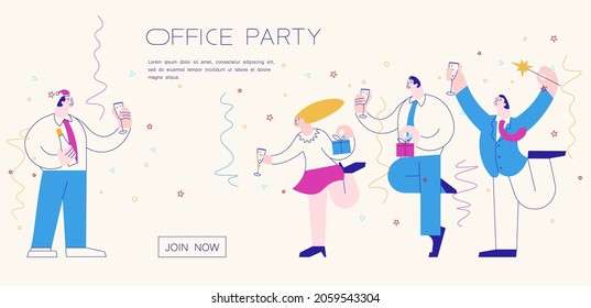 Landing webpage template of Christmas office party. Colleague people congratulate, give gifts to each other and drink champagne isolated on white. Flat Art Vector Illustration
