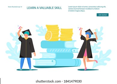 Landing webpage template of College payment. Tiny students wearing academic gown and graduation cap celebrate graduation. Money investment in academic knowledge metaphor. Flat Art Vector illustration